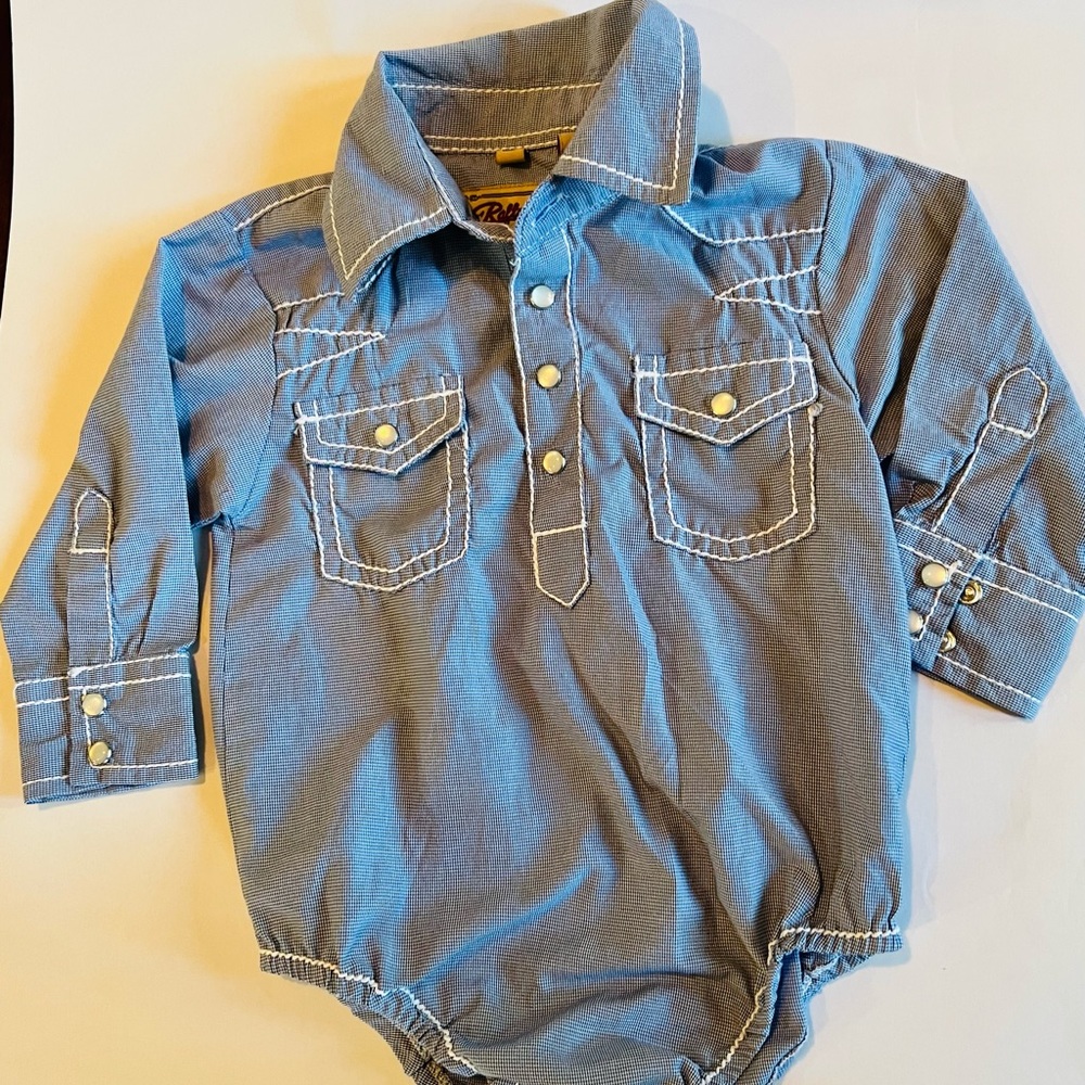 Rafter C 12 Month Cowboy Blue Micro Gingham Long Sleeve Western Snap Onesie